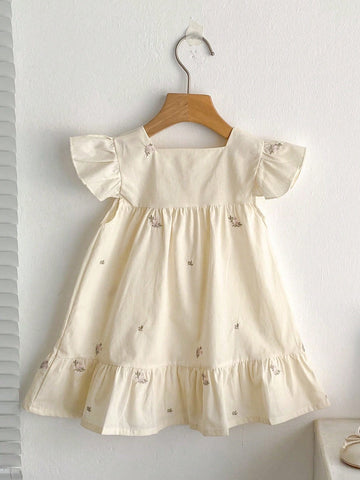 Girls Embroidered Ditsy Floral Short Cap Sleeve Princess Dress, Summer