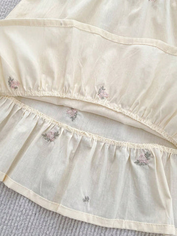 Girls Embroidered Ditsy Floral Short Cap Sleeve Princess Dress, Summer