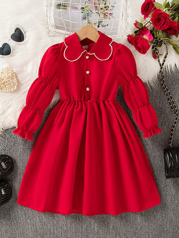 Girls Embroidered Floral Fringe Collar Waist Ruched Lantern Sleeve Dress, Soft Cotton, New Arrival