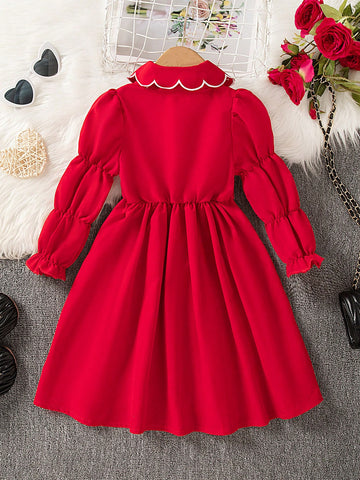 Girls Embroidered Floral Fringe Collar Waist Ruched Lantern Sleeve Dress, Soft Cotton, New Arrival