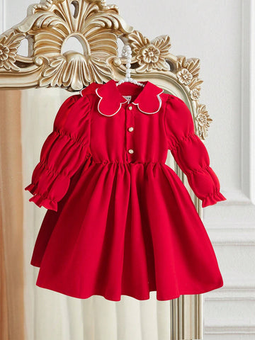 Girls Embroidered Floral Fringe Collar Waist Ruched Lantern Sleeve Dress, Soft Cotton, New Arrival