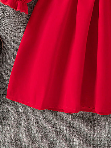 Girls Embroidered Floral Fringe Collar Waist Ruched Lantern Sleeve Dress, Soft Cotton, New Arrival