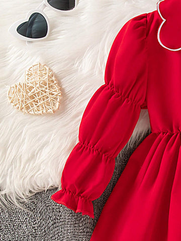 Girls Embroidered Floral Fringe Collar Waist Ruched Lantern Sleeve Dress, Soft Cotton, New Arrival