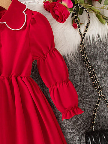 Girls Embroidered Floral Fringe Collar Waist Ruched Lantern Sleeve Dress, Soft Cotton, New Arrival