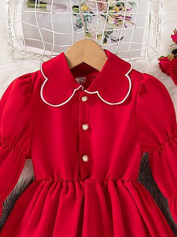 Girls Embroidered Floral Fringe Collar Waist Ruched Lantern Sleeve Dress, Soft Cotton, New Arrival
