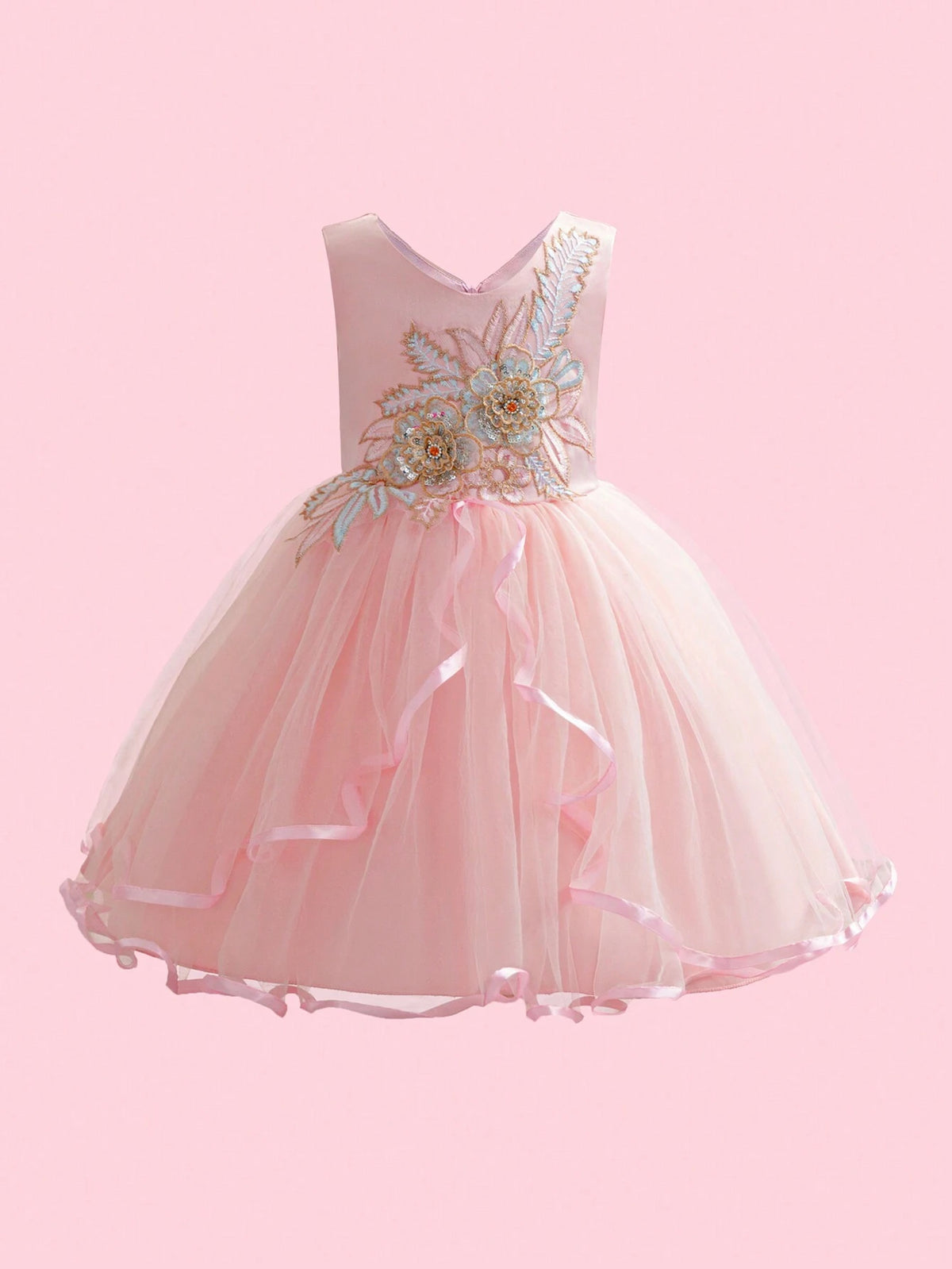 Girls Embroidered Flower Decorated Dress,Toddler And Young Girl Party/Wedding Dress