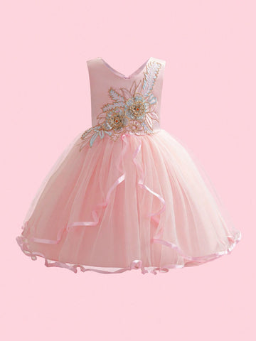 Girls Embroidered Flower Decorated Dress,Toddler And Young Girl Party/Wedding Dress