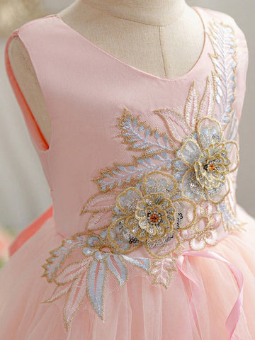 Girls Embroidered Flower Decorated Dress,Toddler And Young Girl Party/Wedding Dress