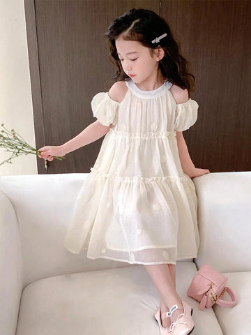 Girls' Embroidered Mesh Jacquard Loose Fit Princess Dress