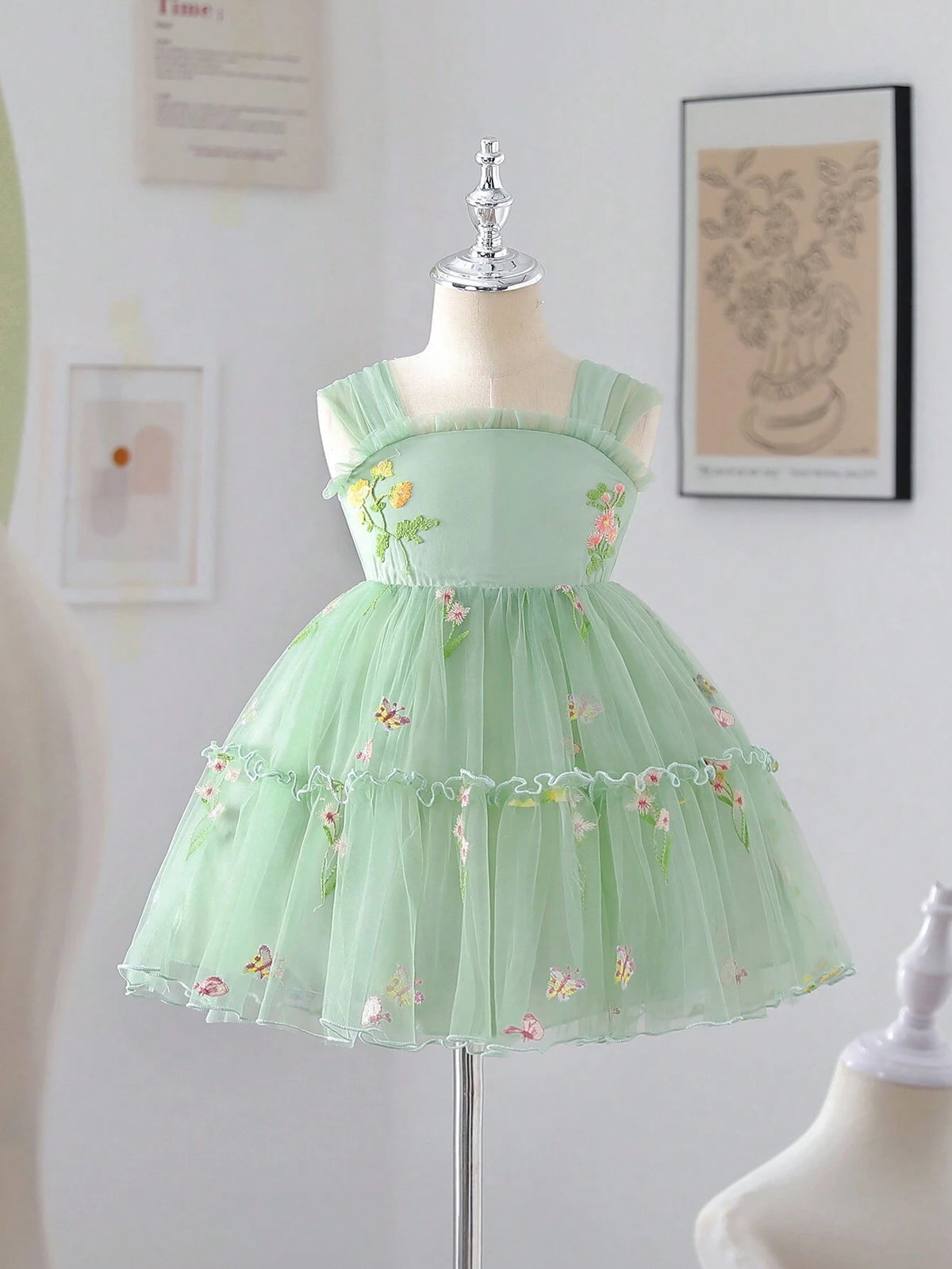 Girls' Embroidered Mesh Princess Dress With Puff Skirt, Suitable For Wedding Or Casual Wear