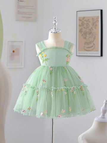 Girls' Embroidered Mesh Princess Dress With Puff Skirt, Suitable For Wedding Or Casual Wear