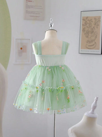 Girls' Embroidered Mesh Princess Dress With Puff Skirt, Suitable For Wedding Or Casual Wear