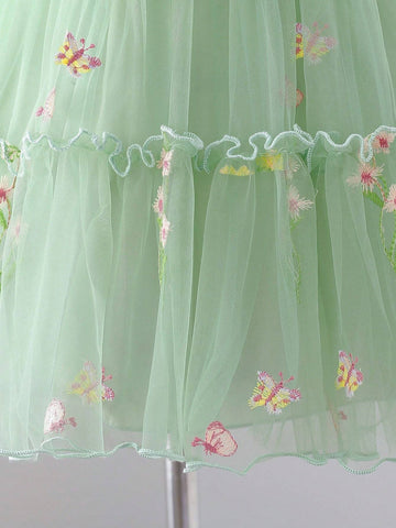 Girls' Embroidered Mesh Princess Dress With Puff Skirt, Suitable For Wedding Or Casual Wear