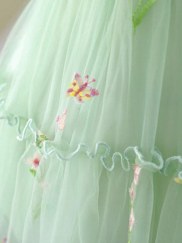 Girls' Embroidered Mesh Princess Dress With Puff Skirt, Suitable For Wedding Or Casual Wear