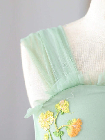 Girls' Embroidered Mesh Princess Dress With Puff Skirt, Suitable For Wedding Or Casual Wear