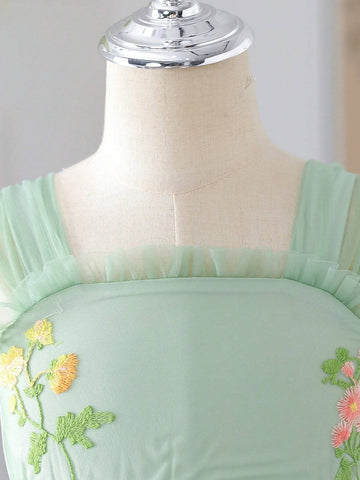 Girls' Embroidered Mesh Princess Dress With Puff Skirt, Suitable For Wedding Or Casual Wear