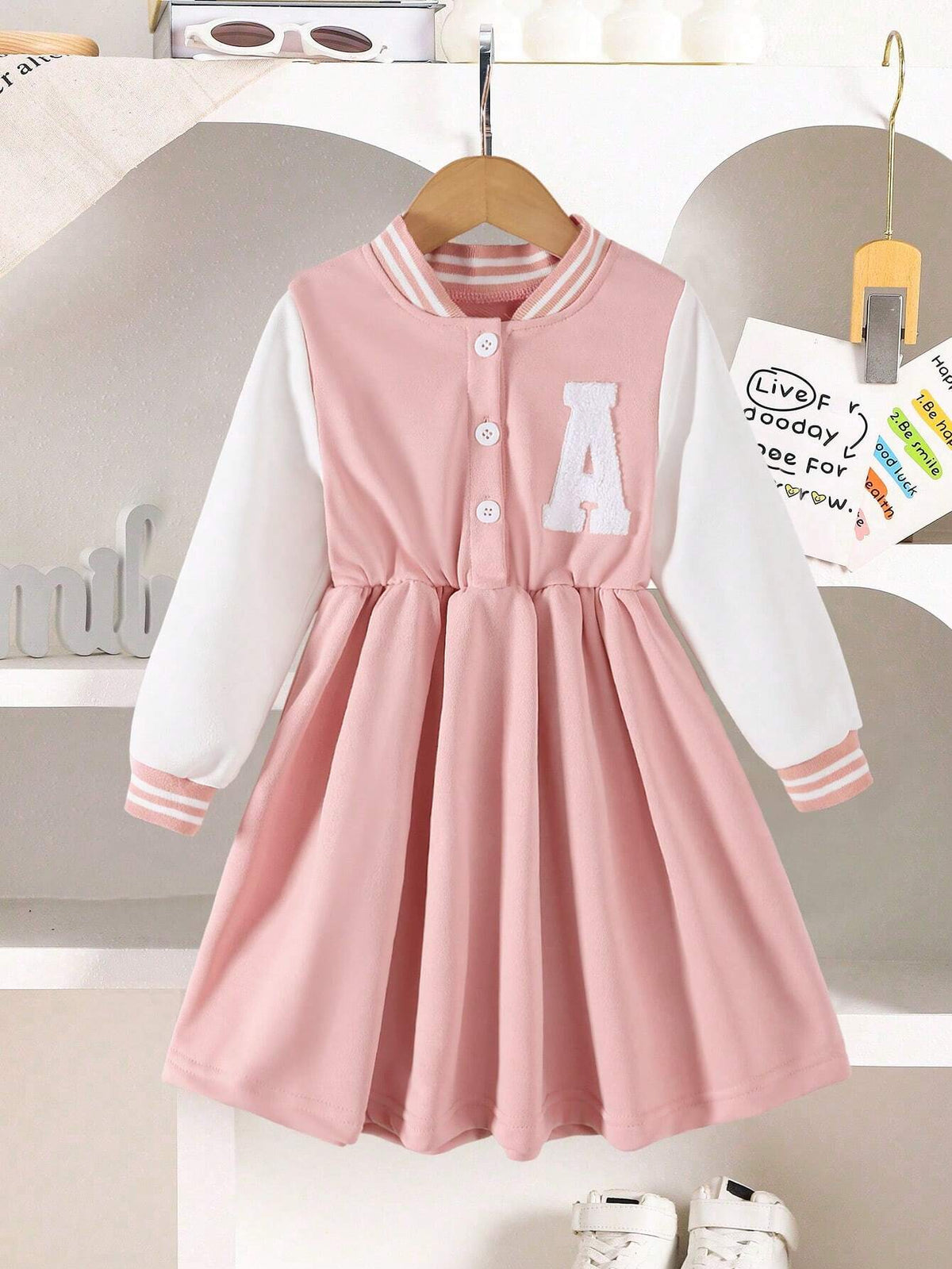Girls Embroidery Splice Casual Sweatshirt Dress, High-End Ribbed Adorable Comfortable Breathable Moisture-Wicking Dress, Sportswear Style, Autumn/Winter