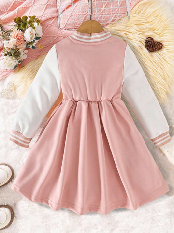 Girls Embroidery Splice Casual Sweatshirt Dress, High-End Ribbed Adorable Comfortable Breathable Moisture-Wicking Dress, Sportswear Style, Autumn/Winter