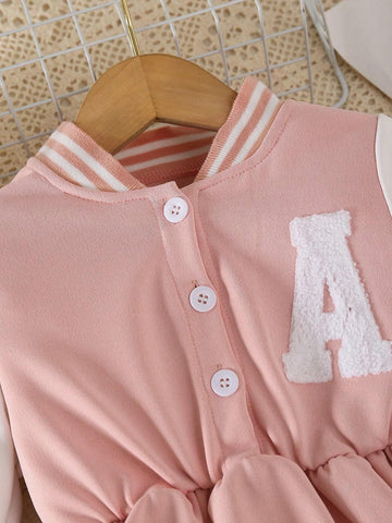 Girls Embroidery Splice Casual Sweatshirt Dress, High-End Ribbed Adorable Comfortable Breathable Moisture-Wicking Dress, Sportswear Style, Autumn/Winter