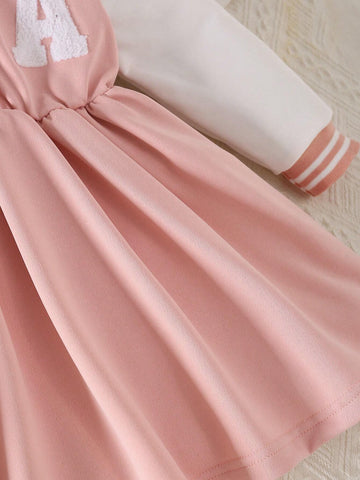 Girls Embroidery Splice Casual Sweatshirt Dress, High-End Ribbed Adorable Comfortable Breathable Moisture-Wicking Dress, Sportswear Style, Autumn/Winter