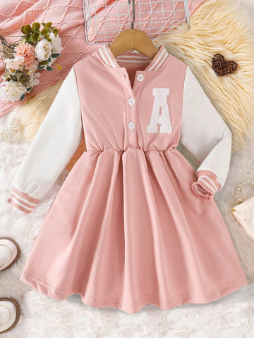 Girls Embroidery Splice Casual Sweatshirt Dress, High-End Ribbed Adorable Comfortable Breathable Moisture-Wicking Dress, Sportswear Style, Autumn/Winter