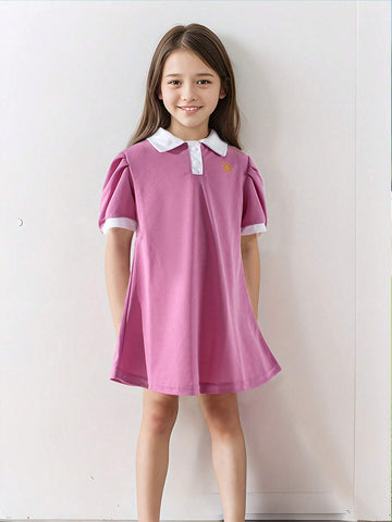 Girls' Fashion Academic Style Polo Collar Dress, Summer