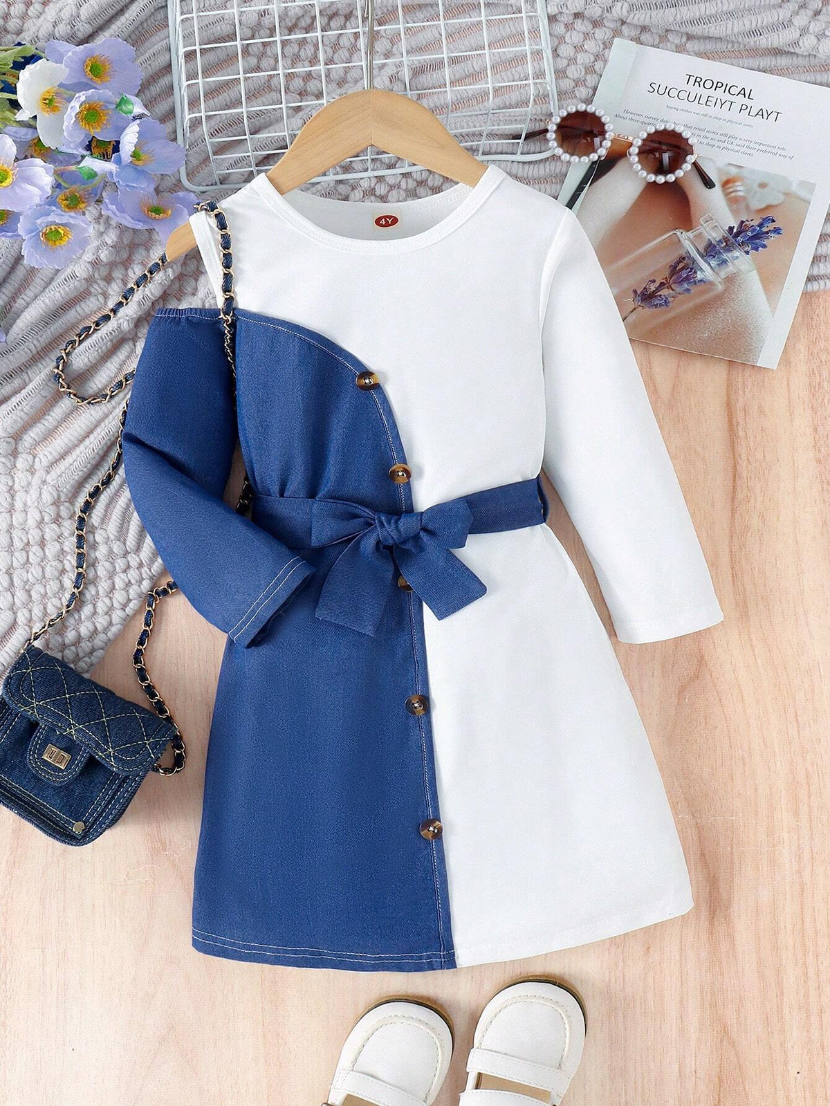 Girls' Fashion Asymmetrical Patchwork Denim Texture Long Sleeve Dress, Spring & Autumn