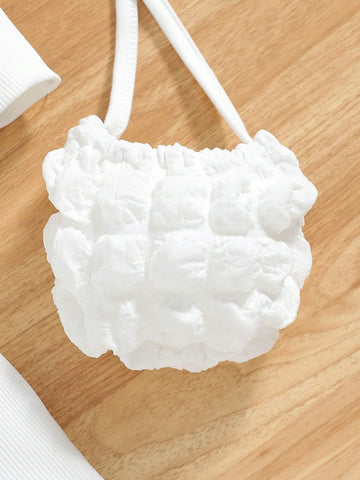 Girls Fashion Bubble Sleeve Round Neck Comfortable Polyester Fitted A-Line Casual Dress With Accessory Bag