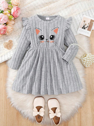 Girls' Fashion Cap Sleeve Cat Print Long Sleeve Dress, Autumn/Winter