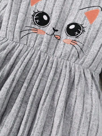 Girls' Fashion Cap Sleeve Cat Print Long Sleeve Dress, Autumn/Winter