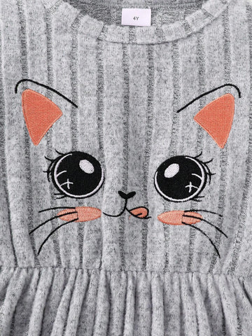 Girls' Fashion Cap Sleeve Cat Print Long Sleeve Dress, Autumn/Winter