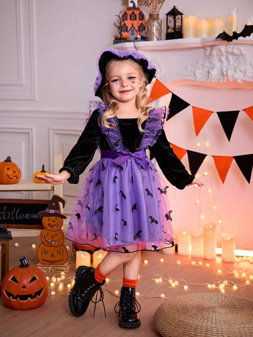 Girls' Fashion Casual Basic Sweet Elegant Velvet Three-Dimensional Embroidery Bat Wings Multi-Layer Ruffle Mesh Shape Fabric Suitable For Halloween ,Travel.Shopping ,Vacation , Daily Wear