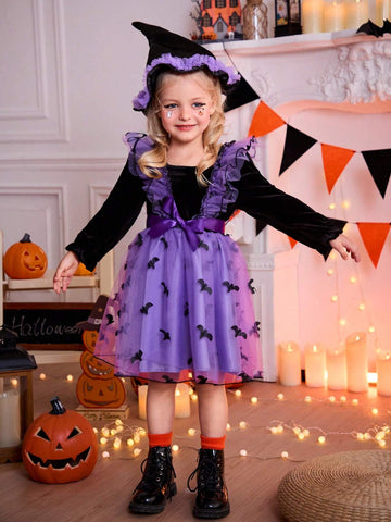 Girls' Fashion Casual Basic Sweet Elegant Velvet Three-Dimensional Embroidery Bat Wings Multi-Layer Ruffle Mesh Shape Fabric Suitable For Halloween ,Travel.Shopping ,Vacation , Daily Wear