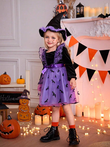 Girls' Fashion Casual Basic Sweet Elegant Velvet Three-Dimensional Embroidery Bat Wings Multi-Layer Ruffle Mesh Shape Fabric Suitable For Halloween ,Travel.Shopping ,Vacation , Daily Wear