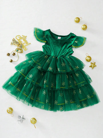 Girls Fashion Casual Cute Jacquard Bubble Air Layer Christmas Santa Gingerbread Man Christmas Tree Flower House Pattern Vivid Layered Dress