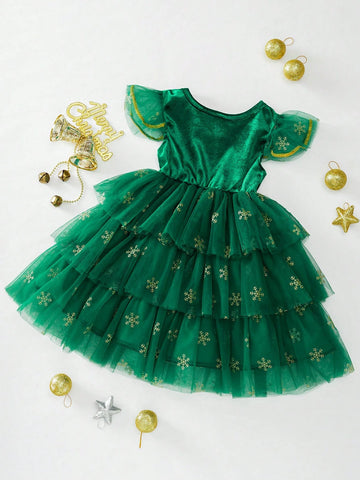 Girls Fashion Casual Cute Jacquard Bubble Air Layer Christmas Santa Gingerbread Man Christmas Tree Flower House Pattern Vivid Layered Dress