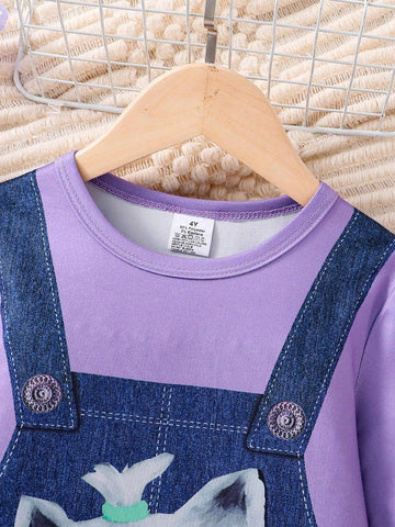 Girls' Fashion Casual Dress, Spring Autumn, Young Girl Round Neck Suspender Kitty Letter Print Pocket Long Sleeve Dress