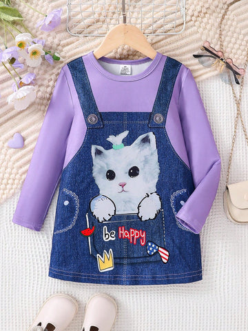 Girls' Fashion Casual Dress, Spring Autumn, Young Girl Round Neck Suspender Kitty Letter Print Pocket Long Sleeve Dress