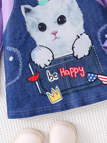 Girls' Fashion Casual Dress, Spring Autumn, Young Girl Round Neck Suspender Kitty Letter Print Pocket Long Sleeve Dress
