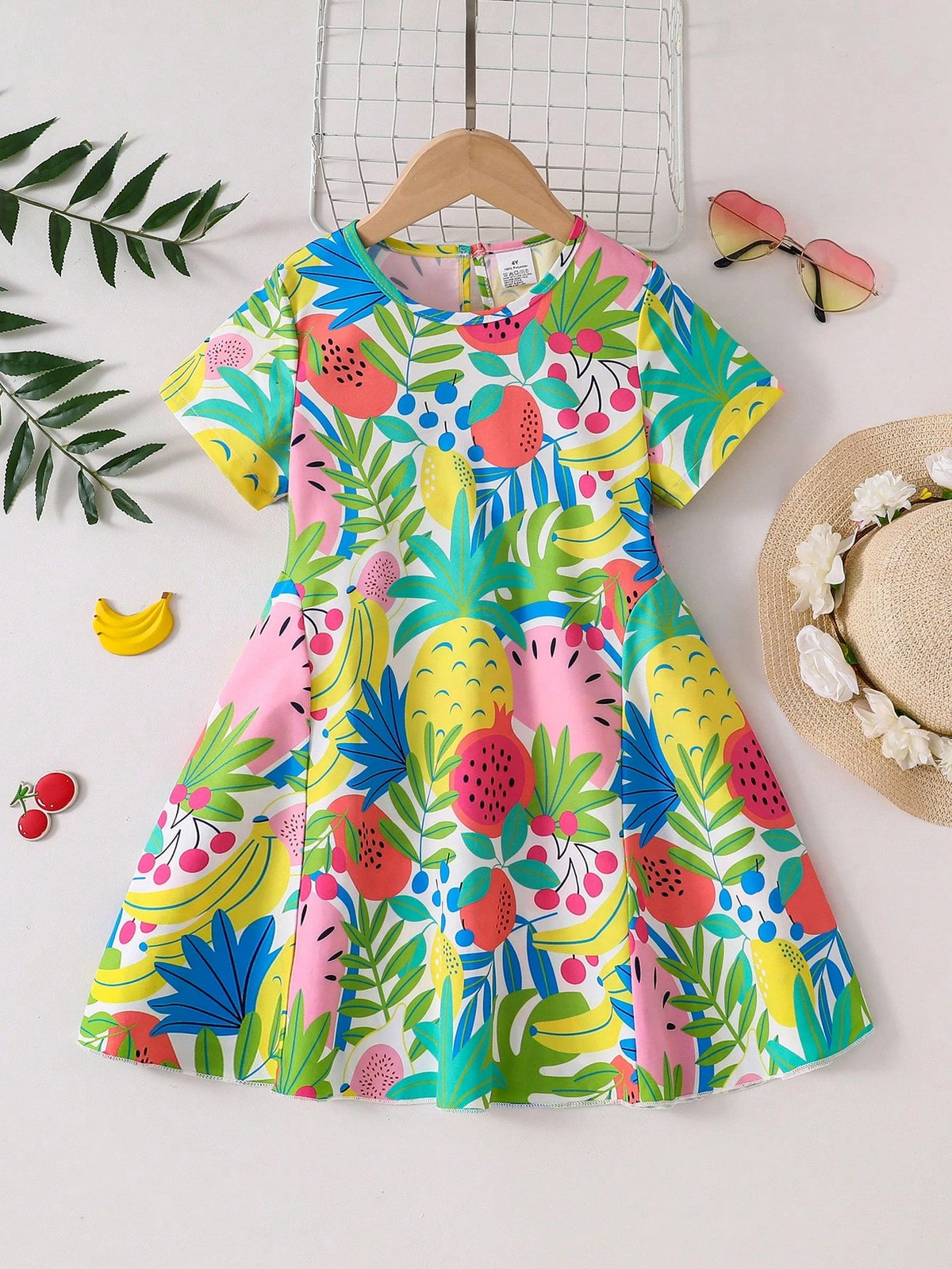 Girls Fashion Casual Floral Print Dress Set, Short Sleeve Stretchy Summer Dress, Comfortable Outdoor Everyday Outfit For Girls