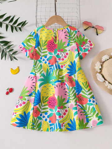 Girls Fashion Casual Floral Print Dress Set, Short Sleeve Stretchy Summer Dress, Comfortable Outdoor Everyday Outfit For Girls