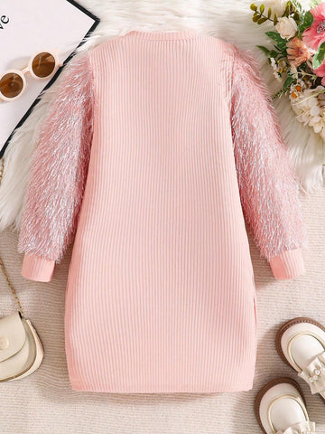 Girls Fashion Casual Solid Color Round Neck Knit Long Dress, Spring & Autumn