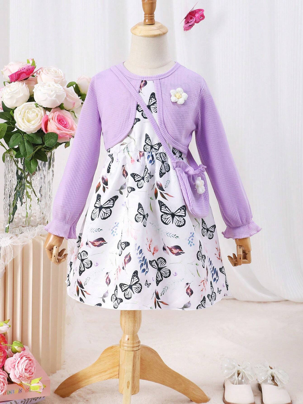 Girls Fashion Color Block Bow Print Flared Long Sleeve Dress With Crossbody Bag Set, Autumn/Winter