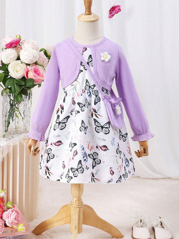 Girls Fashion Color Block Bow Print Flared Long Sleeve Dress With Crossbody Bag Set, Autumn/Winter