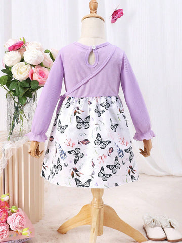 Girls Fashion Color Block Bow Print Flared Long Sleeve Dress With Crossbody Bag Set, Autumn/Winter