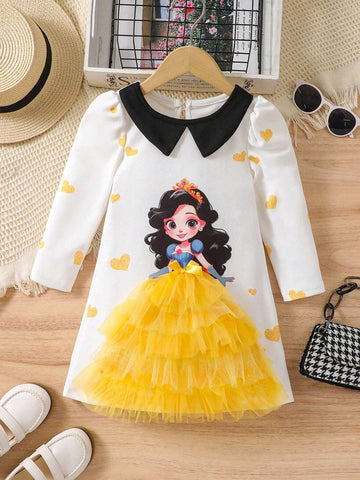 Girls Fashion Colorblock Ruffle Hem Print Dress, Elegant Princess Style Casual Party Dress Suitable For Birthday, New Year, Party, Vacation, Daily Wear In Summer, Fall, Spring