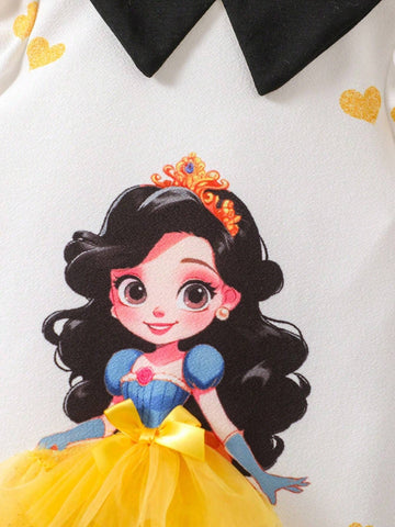 Girls Fashion Colorblock Ruffle Hem Print Dress, Elegant Princess Style Casual Party Dress Suitable For Birthday, New Year, Party, Vacation, Daily Wear In Summer, Fall, Spring