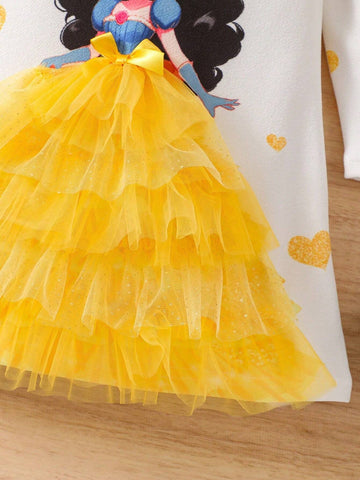 Girls Fashion Colorblock Ruffle Hem Print Dress, Elegant Princess Style Casual Party Dress Suitable For Birthday, New Year, Party, Vacation, Daily Wear In Summer, Fall, Spring