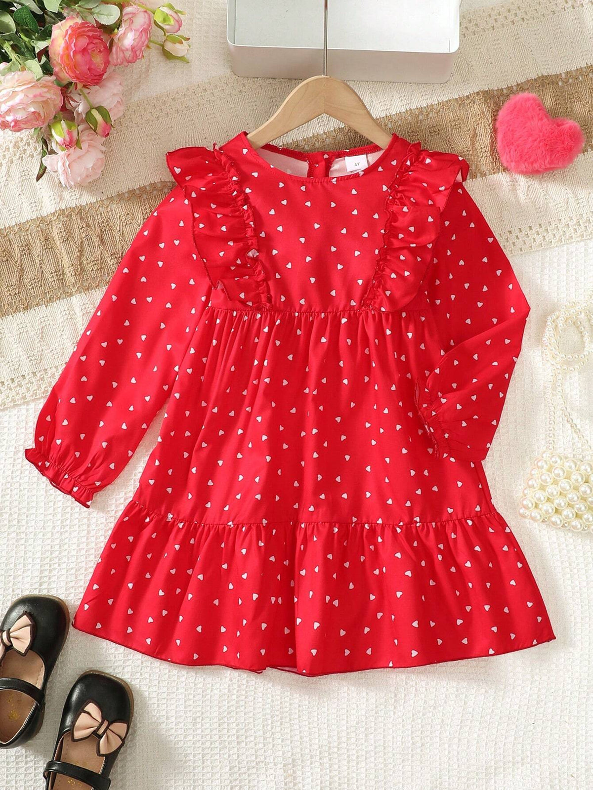 Girls Fashion Dress, Long Sleeve Allover Heart Print Ruffle Hem Dress