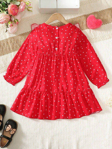 Girls Fashion Dress, Long Sleeve Allover Heart Print Ruffle Hem Dress
